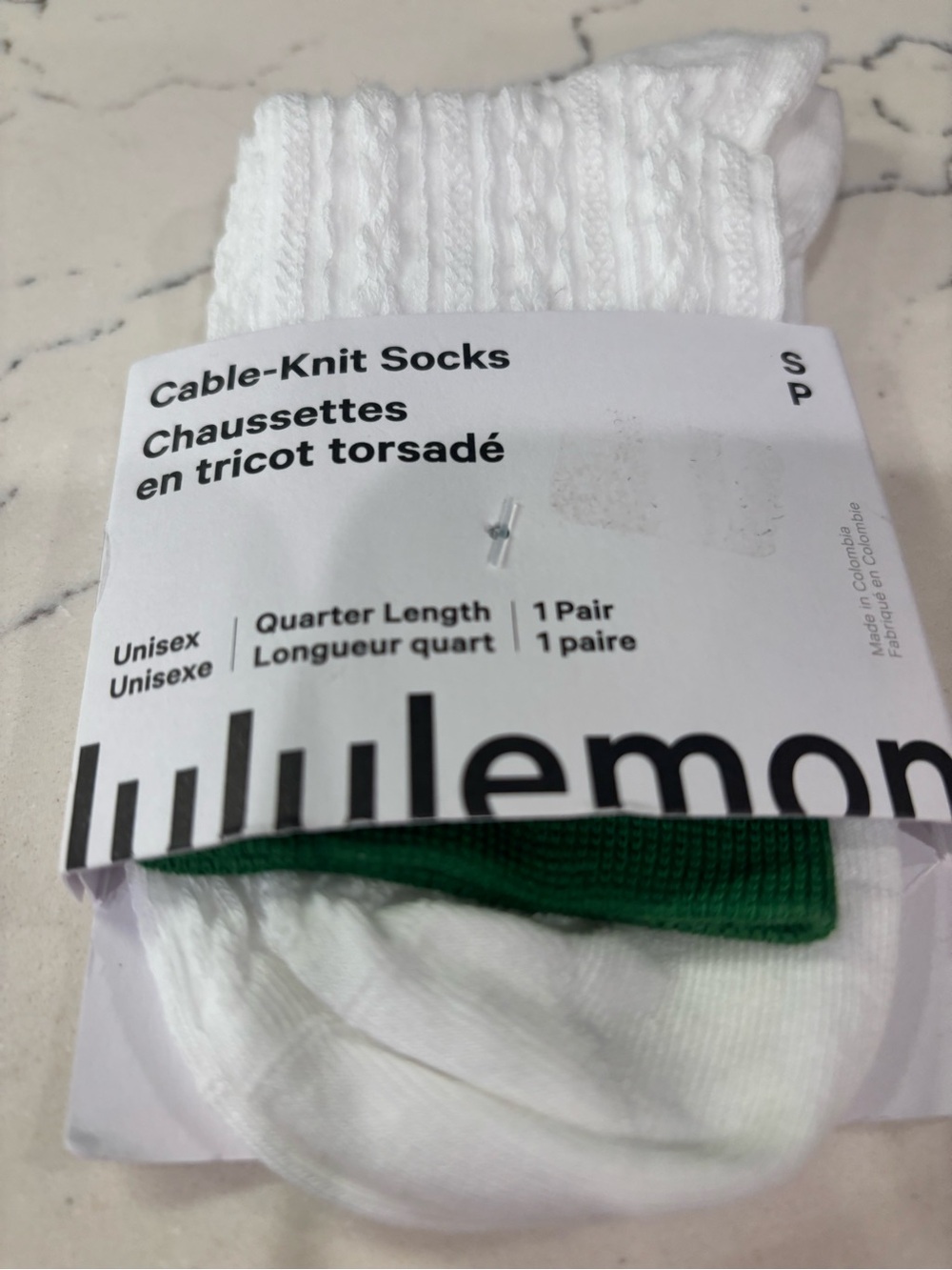 lululemon Cable-Knit Quarter Socks in White w/ Green Strip Accent Small NWT